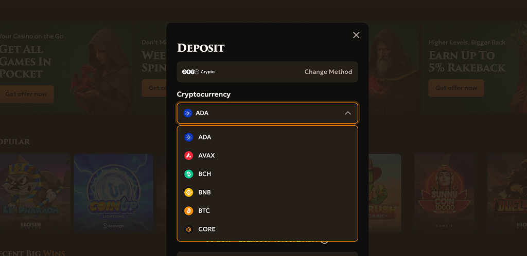 DragoBet Casino cashier with cards, e-wallets, bank transfer and crypto
